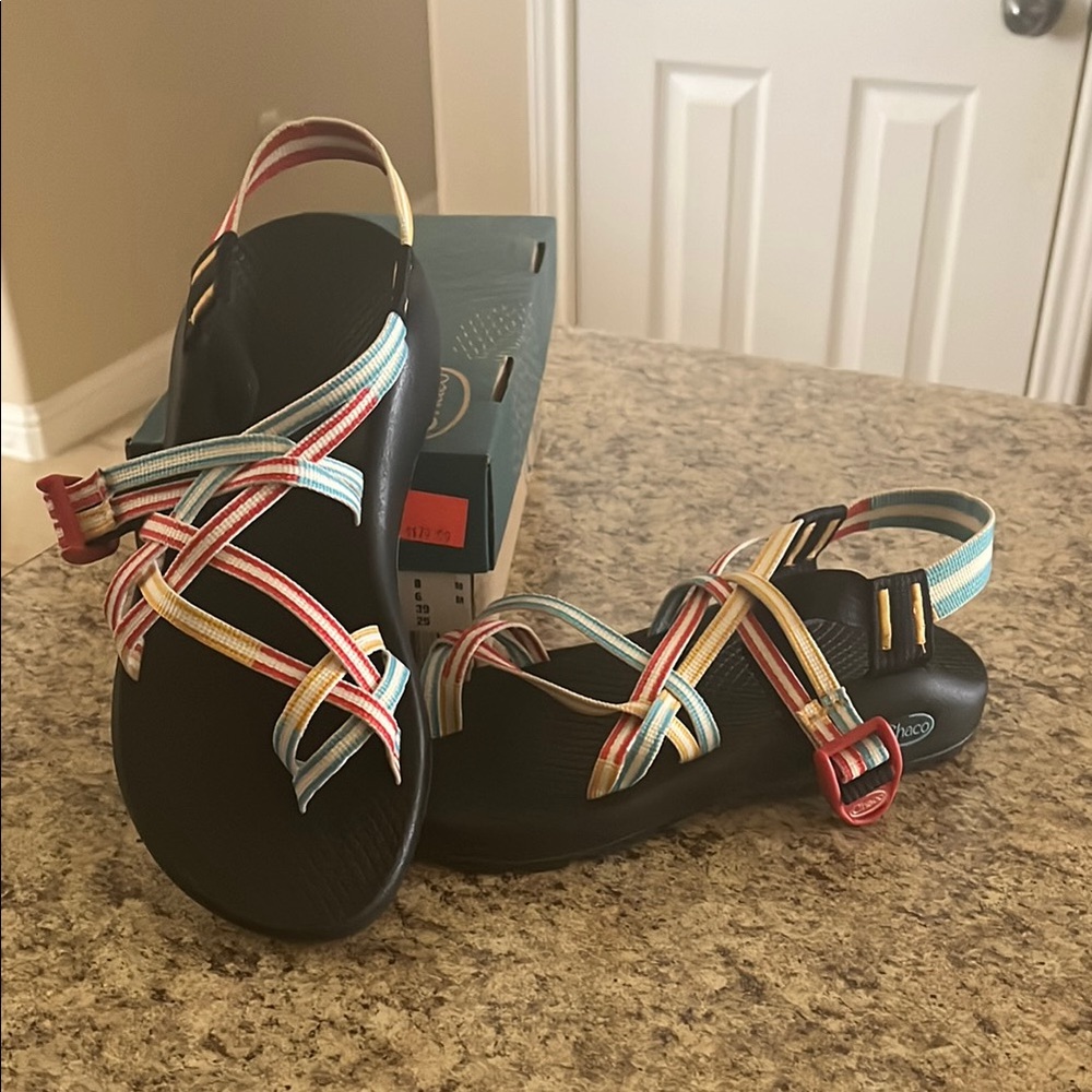 Chaco Red and Blue Sandals with Strappy Design